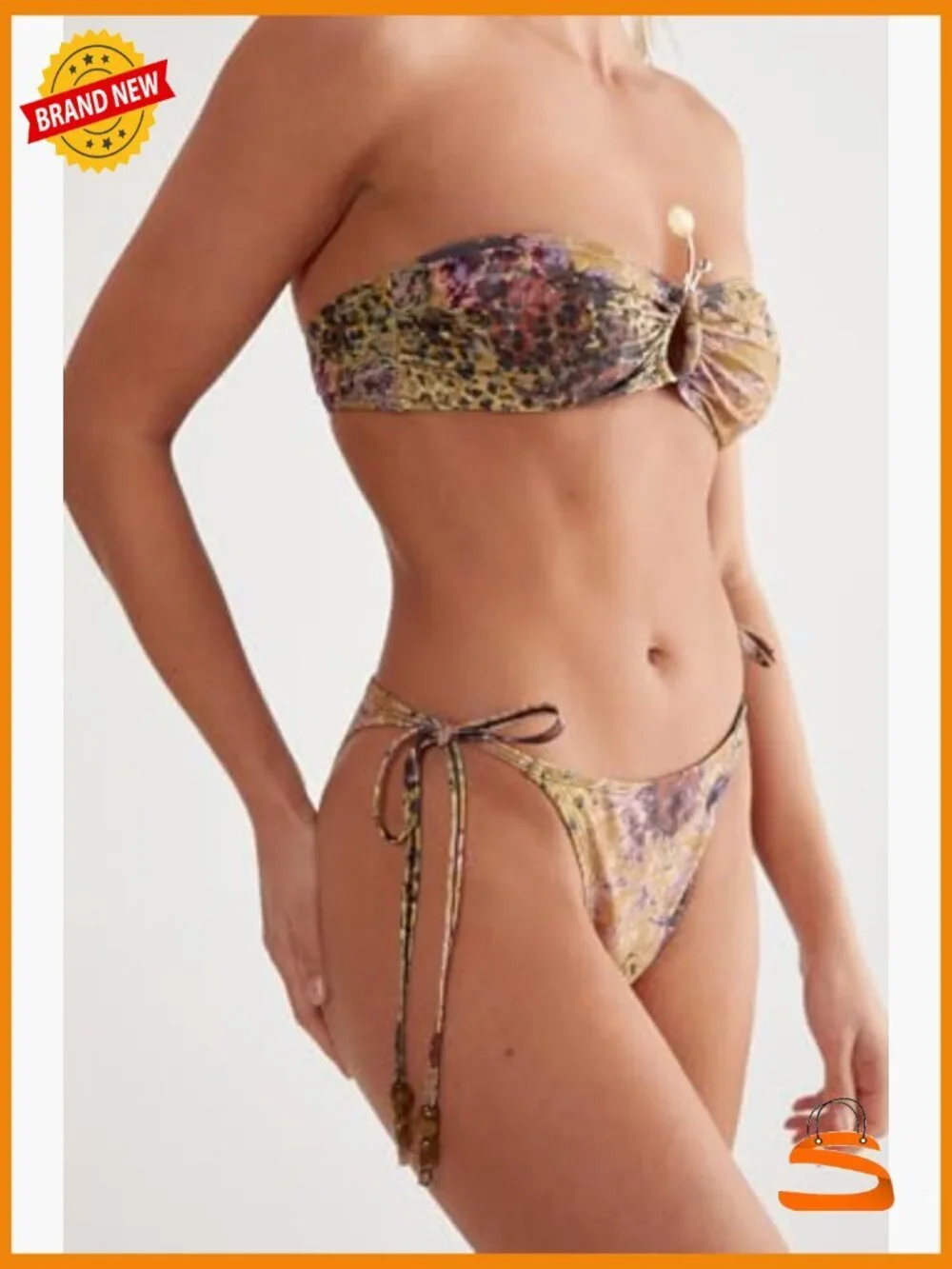 Floral Animal Print Bandeau Bikini Set, Size 4, Polyester Blend
